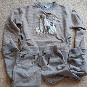 Mayoral Kids Striped Gray and Tan Sweatshirt With Pockets and Joggers Set Size 6